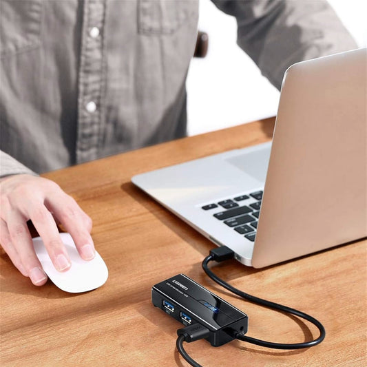 UGREEN USB Type-A Male to Ethernet Adapter with 3-Port USB Hub - Black - Stellar Technologies