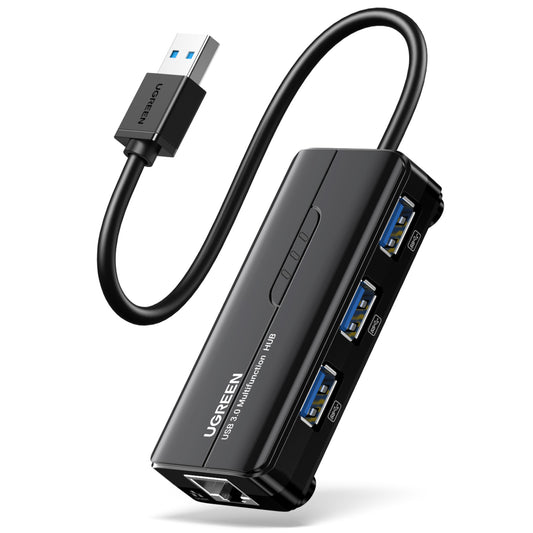 UGREEN USB Type-A Male to Ethernet Adapter with 3-Port USB Hub - Black - Stellar Technologies
