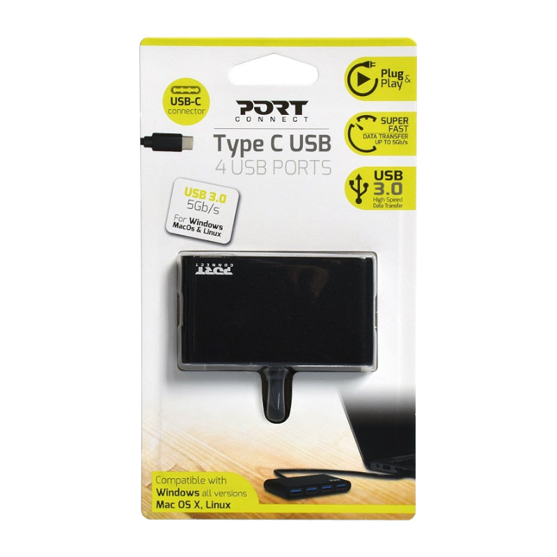 Port USB Type-C to 4 x USB3.0 5Gbps 30cm 4 Port Hub - Black - Stellar Technologies