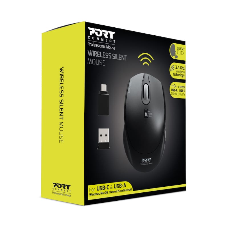 Port Connect Silent 1600DPI 3 Button Wireless Mouse - Black - Stellar Technologies