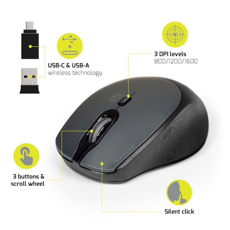 Port Connect Silent 1600DPI 3 Button Wireless Mouse - Black - Stellar Technologies
