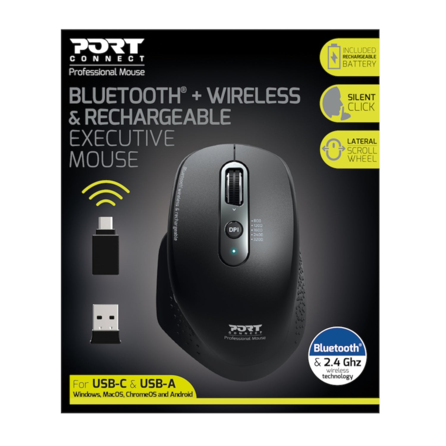 Port Connect Bluetooth Wireless and Rechargeable Executive Mouse - Black - Stellar Technologies