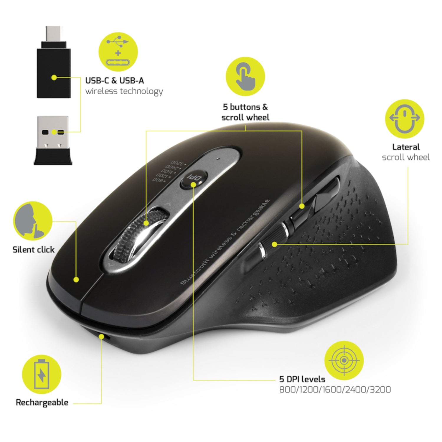 Port Connect Bluetooth Wireless and Rechargeable Executive Mouse - Black - Stellar Technologies