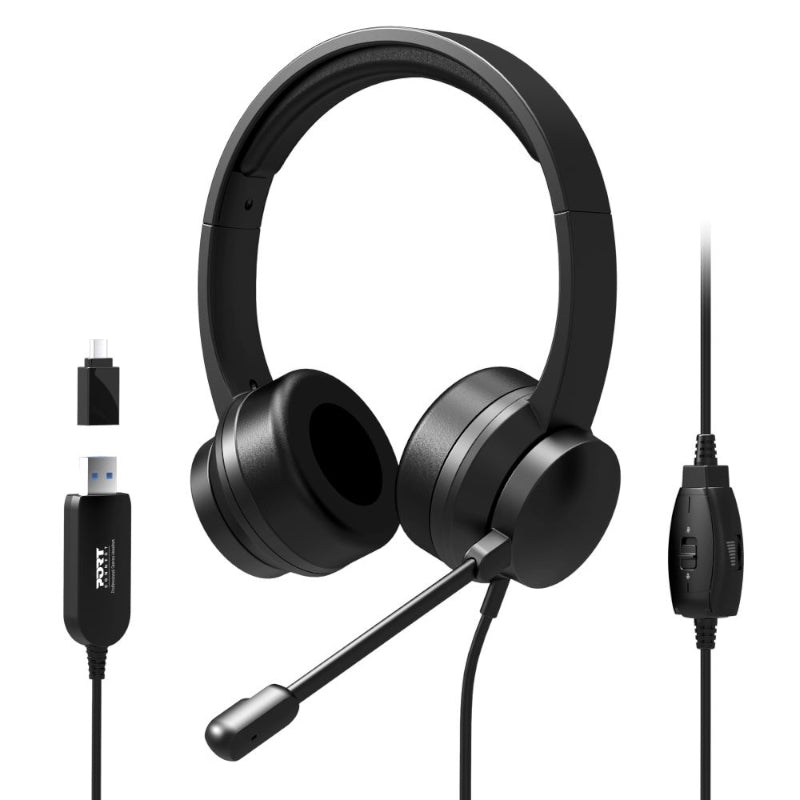 Port Connect USB Headset 1.8m Cable with Mic and Padded/Soft Cushions Black - Stellar Technologies