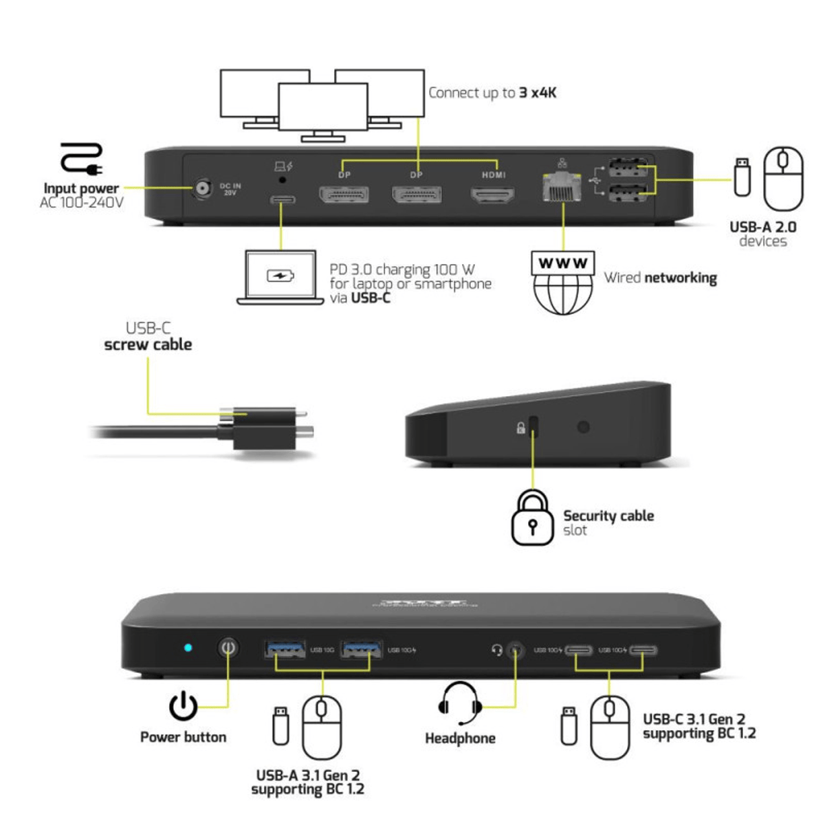 Port Connect Triple 4K USB-C Office Docking Station - 11-Port, 100W - Stellar Technologies