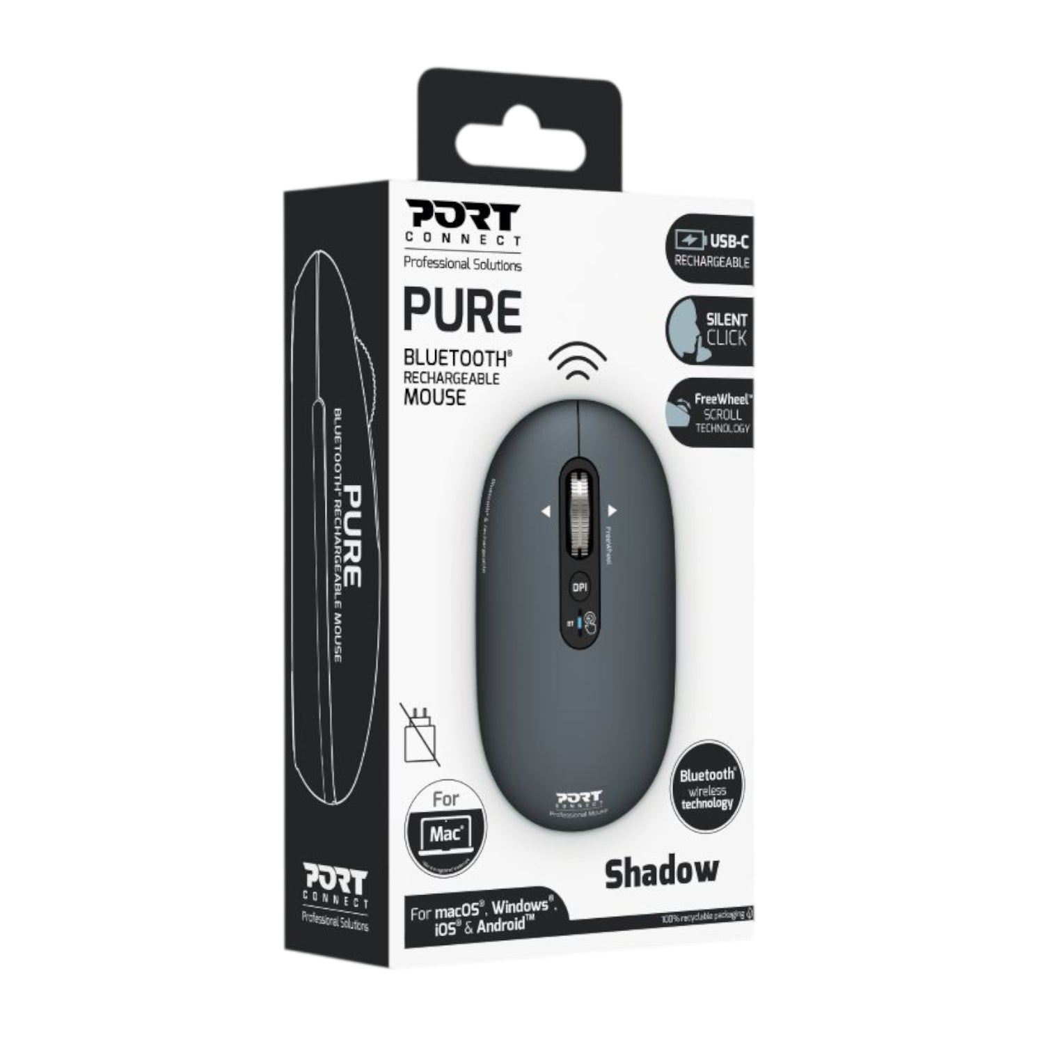 Port Connect PURE MAC Rechargeable Wireless and Bluetooth Mouse - Shadow - Stellar Technologies