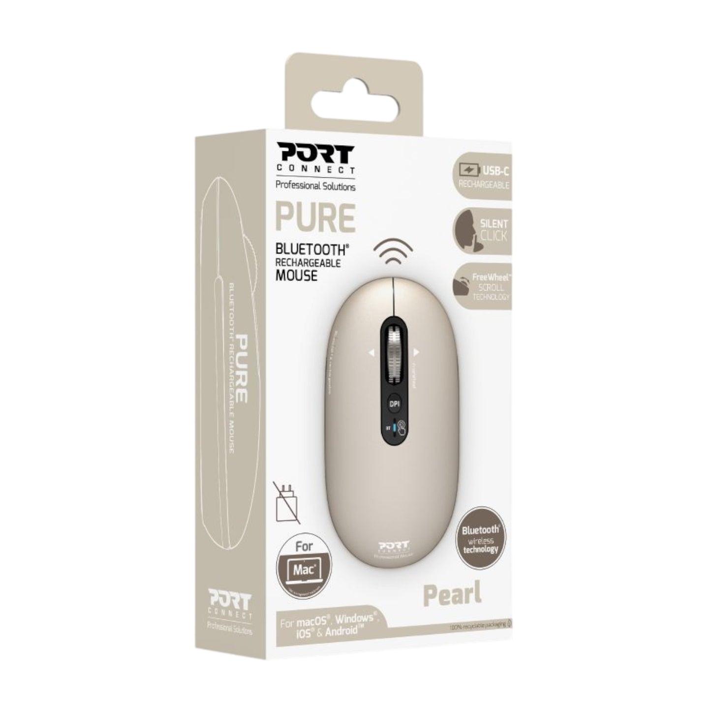 Port Connect PURE MAC Rechargeable Wireless and Bluetooth Mouse - Pearl - Stellar Technologies
