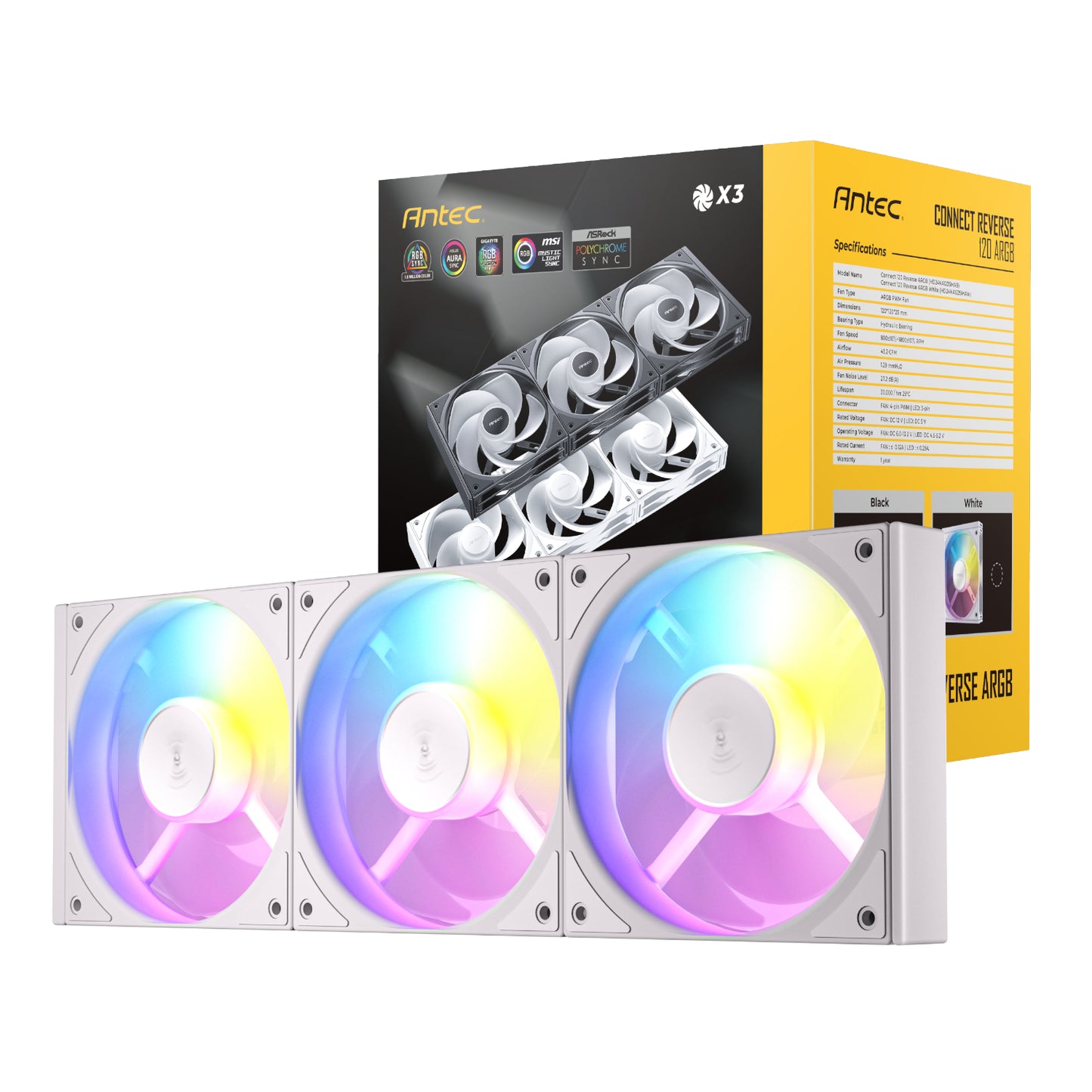 Antec Connect 120 Reverse ARGB PWM Fan 3 Pack - White - Stellar Technologies