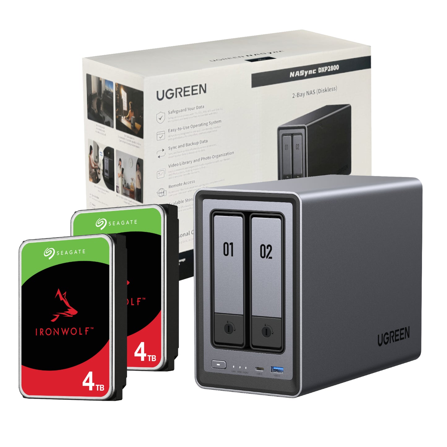 UGreen NASync DXP2800 2-Bay NAS + 8TB IronWolf Drive Bundle (2x 4TB)