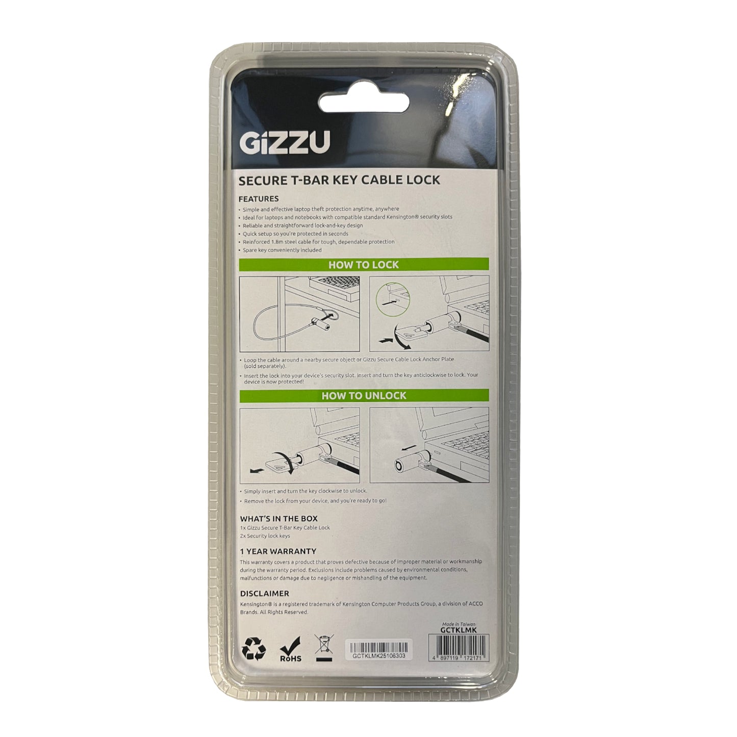 GIZZU 1.8m T-Bar Laptop Cable Lock Master Key Compatible - Stellar Technologies