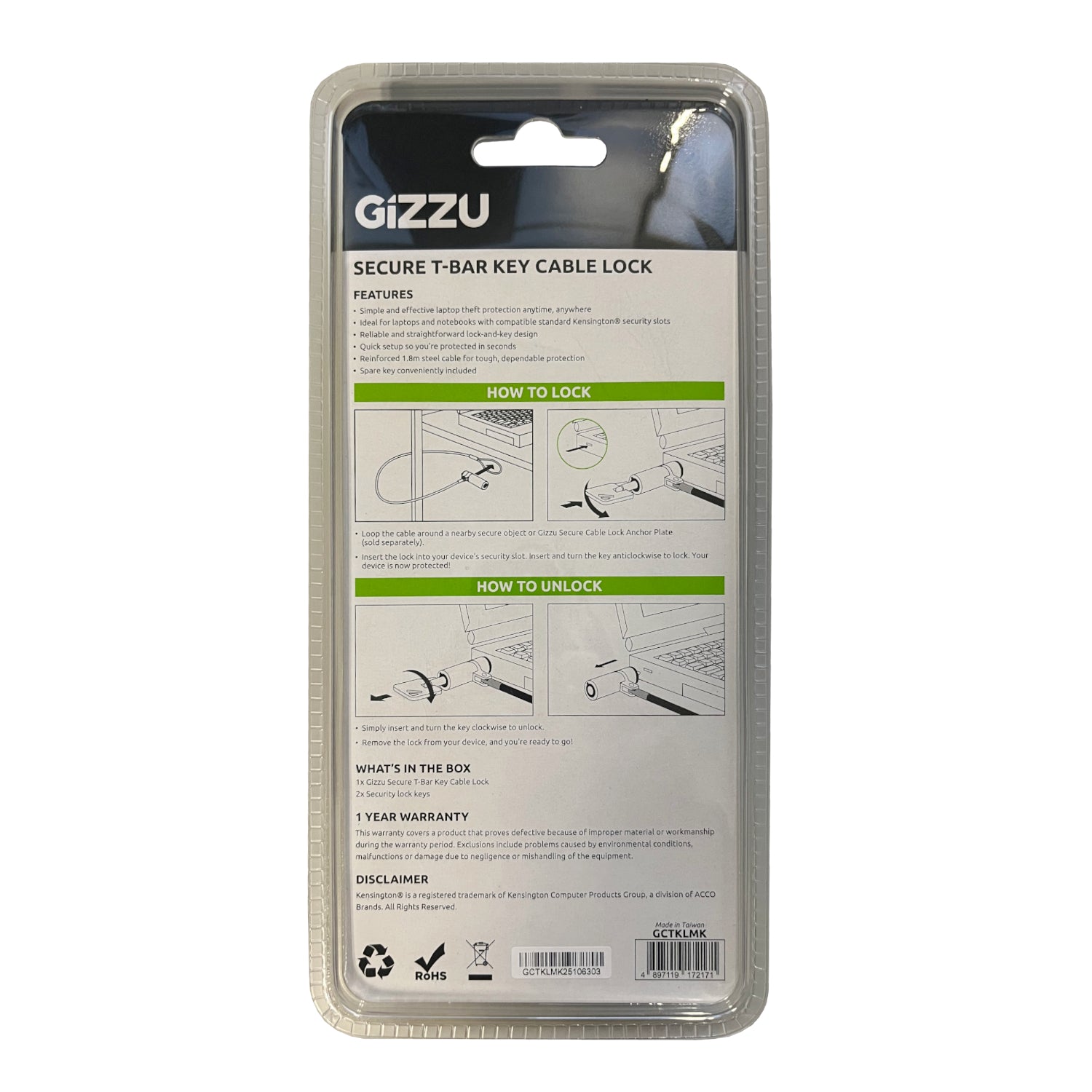 GIZZU 1.8m T-Bar Laptop Cable Lock Master Key Compatible - Stellar Technologies