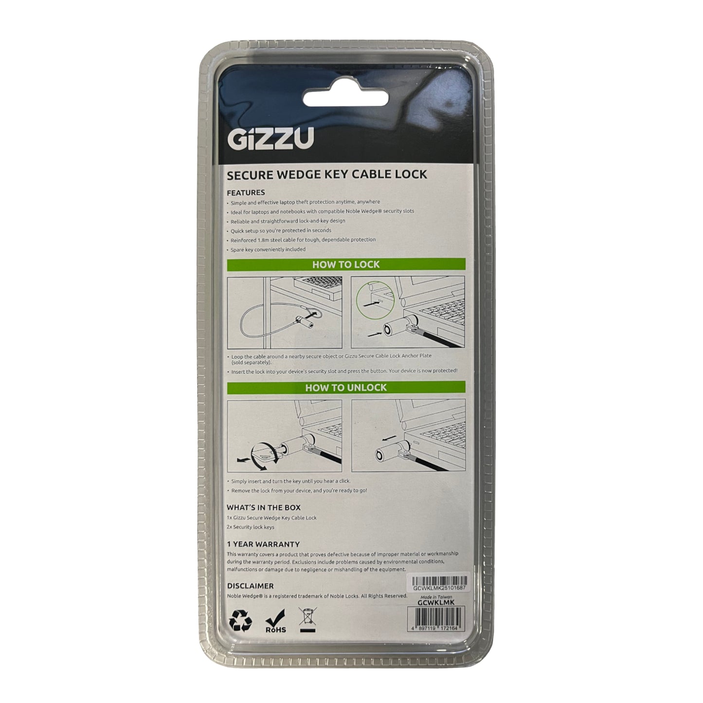 GIZZU 1.8m Wedge Cable Lock - Stellar Technologies
