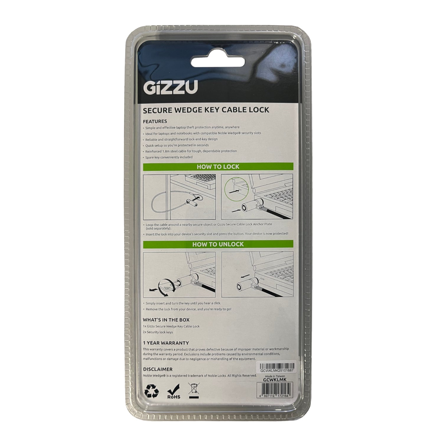 GIZZU 1.8m Wedge Cable Lock - Stellar Technologies