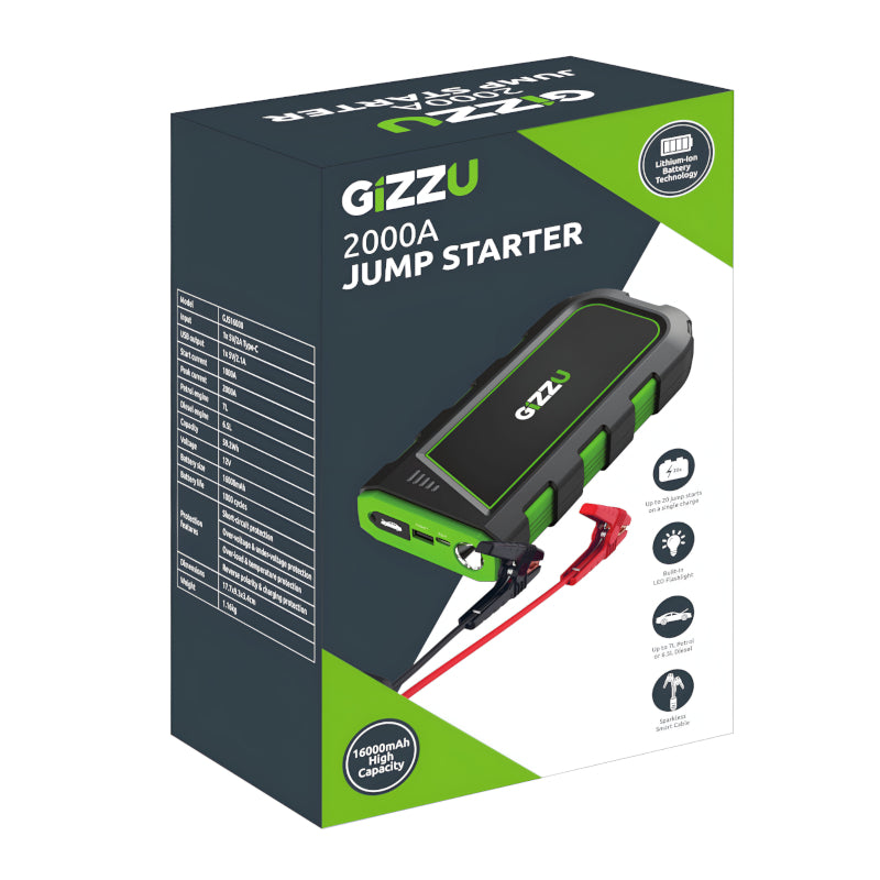 GIZZU 2000A Jump Starter 16000mAh - Black - Stellar Technologies