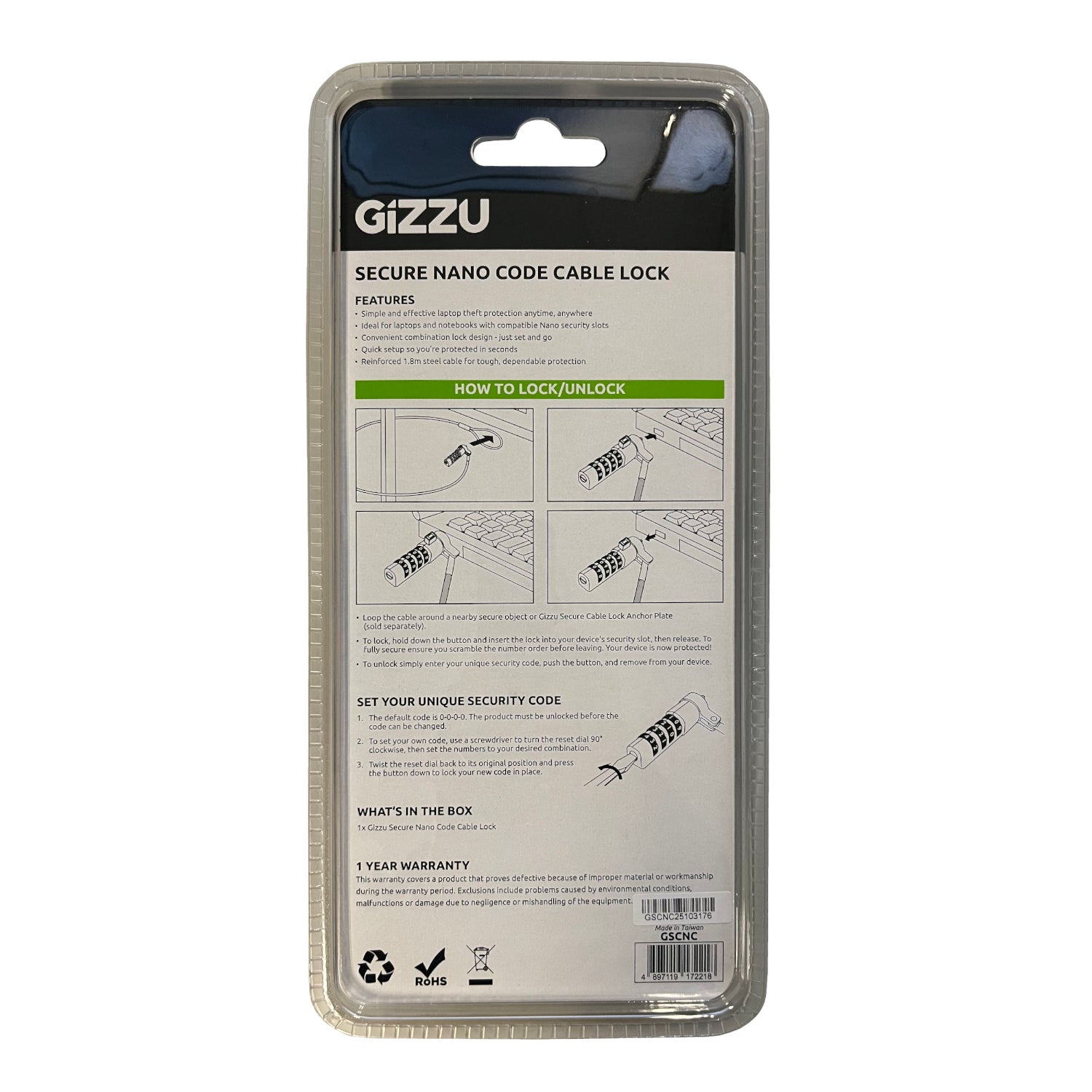 GIZZU 1.8m Nano Combination Lock Security Cable - Stellar Technologies