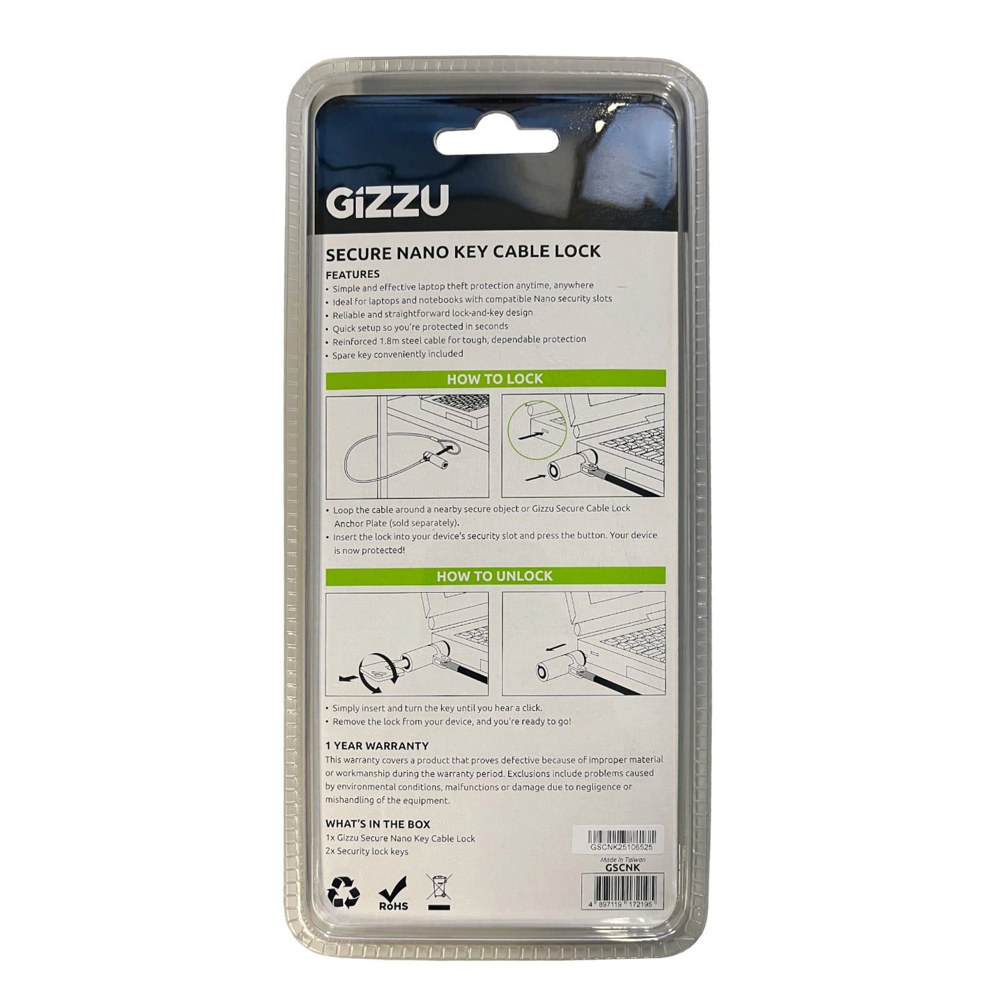 GIZZU 1.8m Nano Key Lock Security Cable with Key - Stellar Technologies