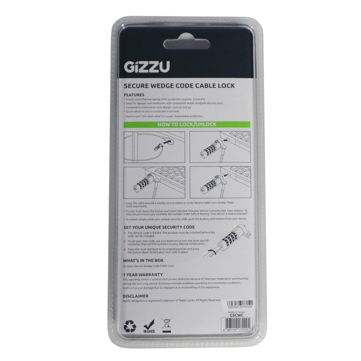 Gizzu Secure Wedge Code Cable Lock 1.8m - Stellar Technologies