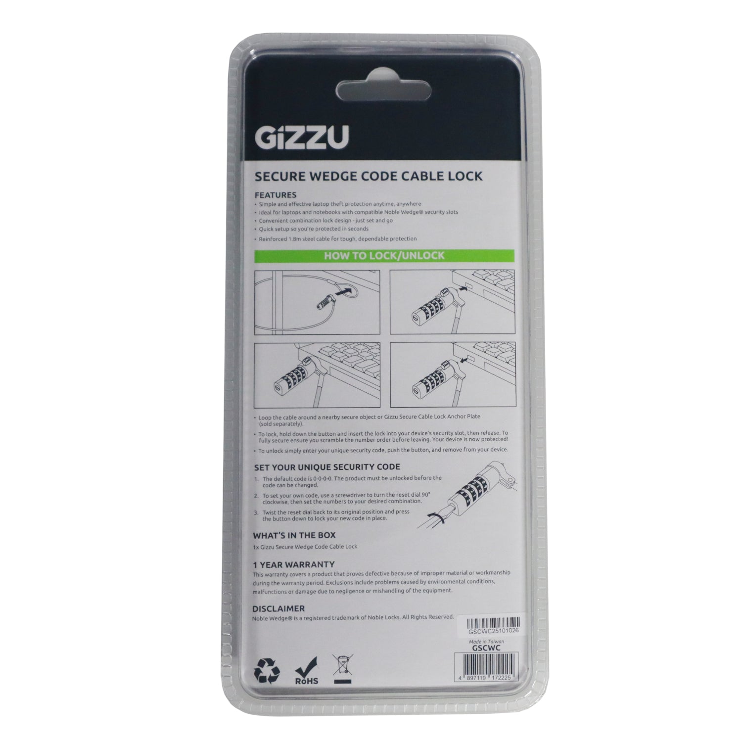 Gizzu Secure Wedge Code Cable Lock 1.8m - Stellar Technologies