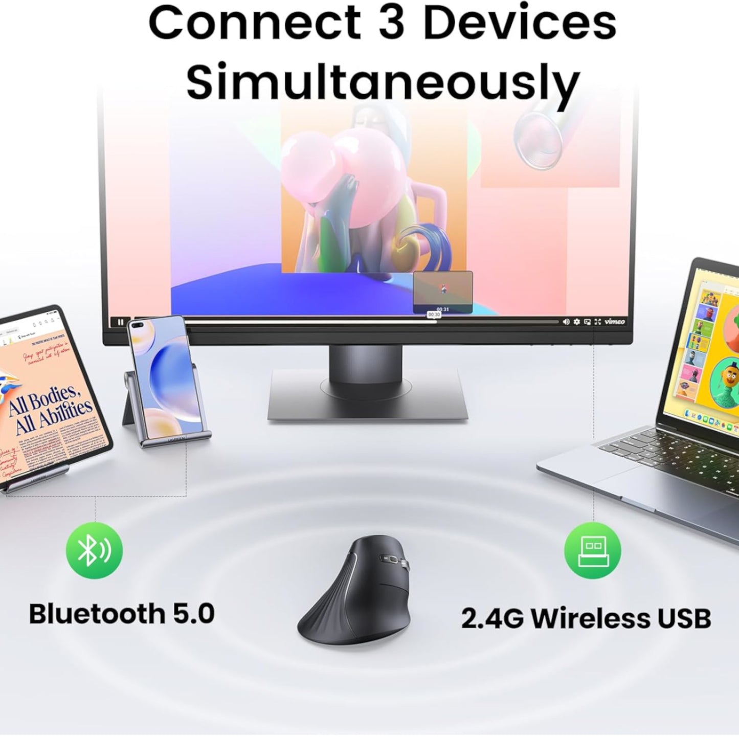 UGREEN Multi-Mode Vertical Mouse Bluetooth and 2.4G Wireless-Black - Stellar Technologies