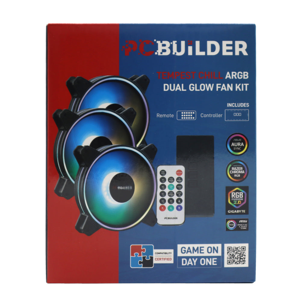 PCBuilder Tempest Chill Fan Kit 3x120MM Dual Glow ARGB Fan + Controller + RF Remote - Stellar Technologies
