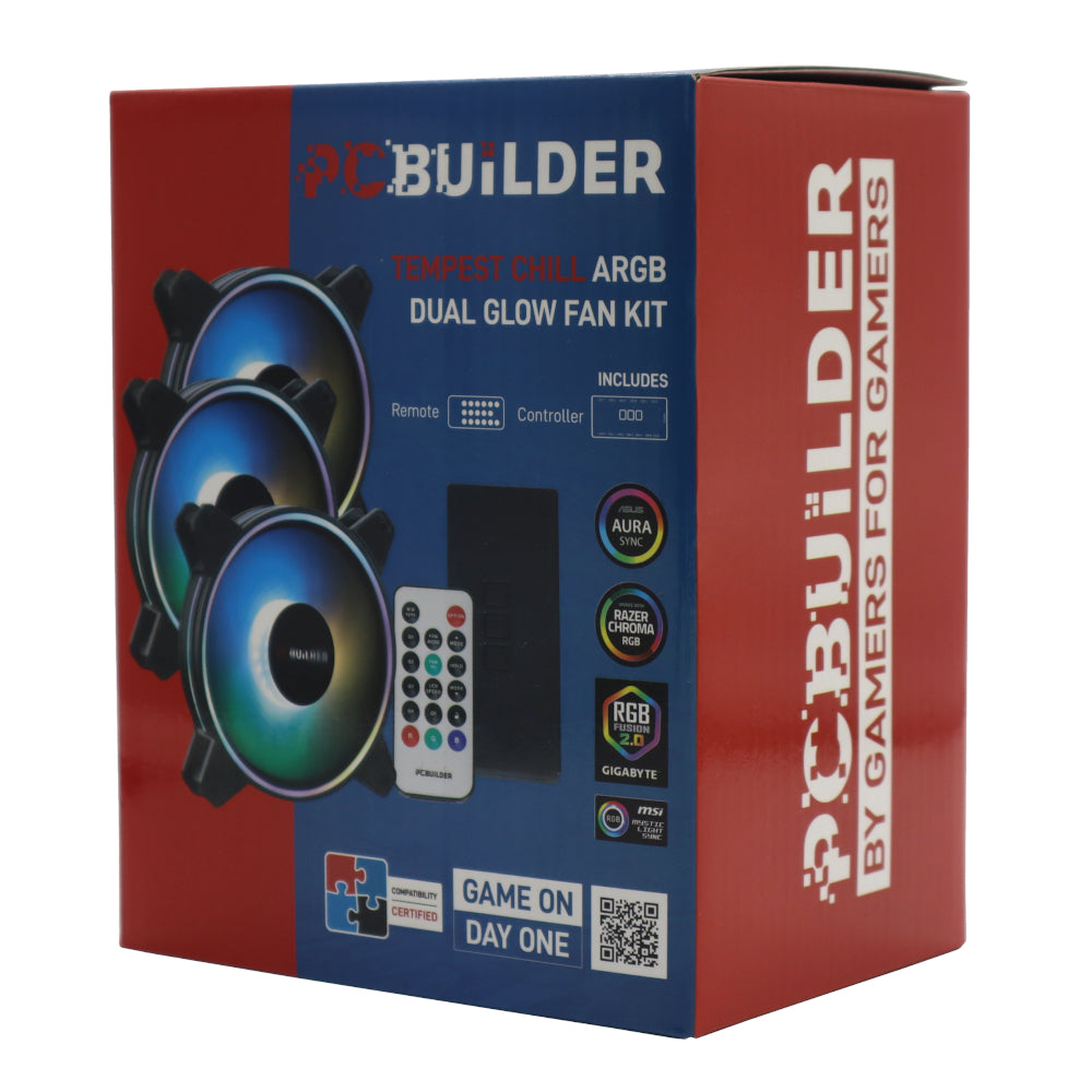 PCBuilder Tempest Chill Fan Kit 3x120MM Dual Glow ARGB Fan + Controller + RF Remote - Stellar Technologies