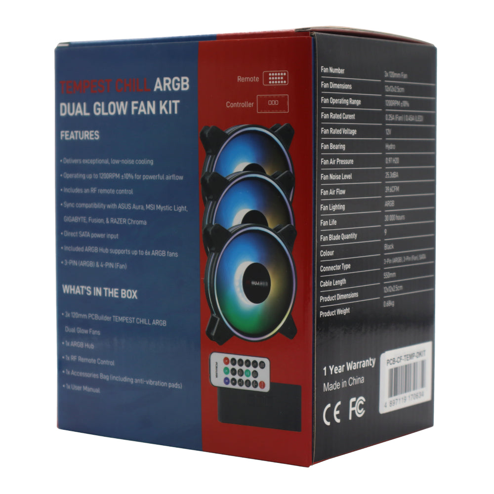 PCBuilder Tempest Chill Fan Kit 3x120MM Dual Glow ARGB Fan + Controller + RF Remote - Stellar Technologies
