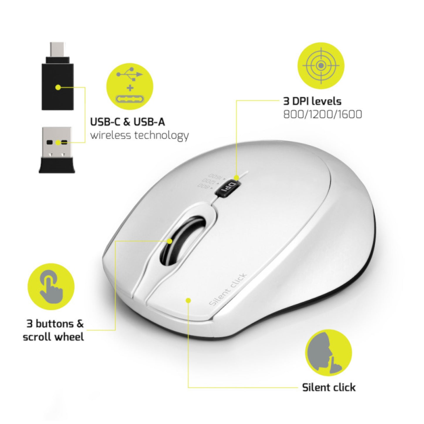 Port Connect Silent 1600DPI 3 Button Wireless Mouse - White - Stellar Technologies