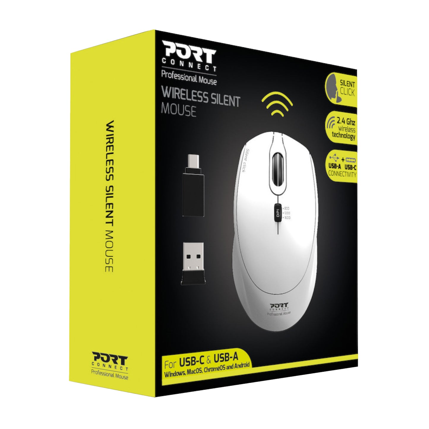 Port Connect Silent 1600DPI 3 Button Wireless Mouse - White - Stellar Technologies