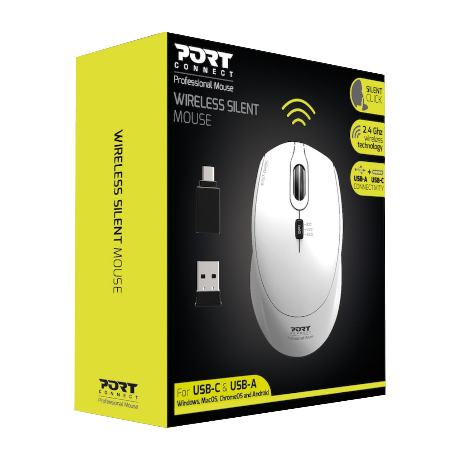Port Connect Silent 1600DPI 3 Button Wireless Mouse - White - Stellar Technologies