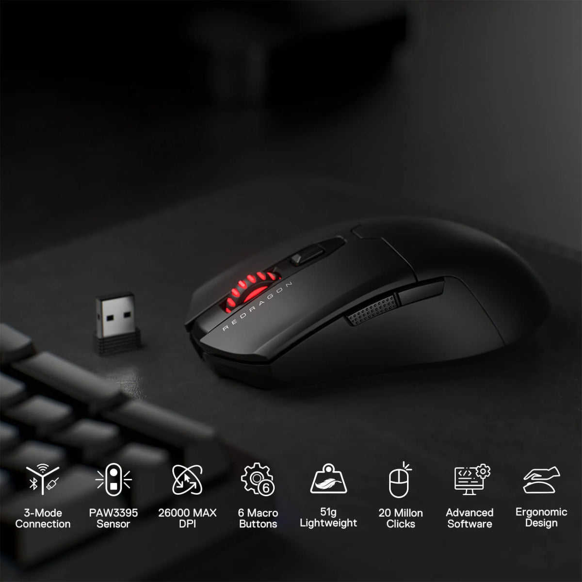 Redragon FYZU M995 PRO Wireless Gaming Mouse - Black - Stellar Technologies
