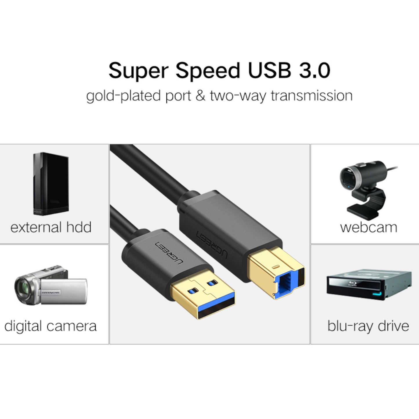 UGREEN US210 USB-A Printer Cable 2M - Black - Stellar Technologies