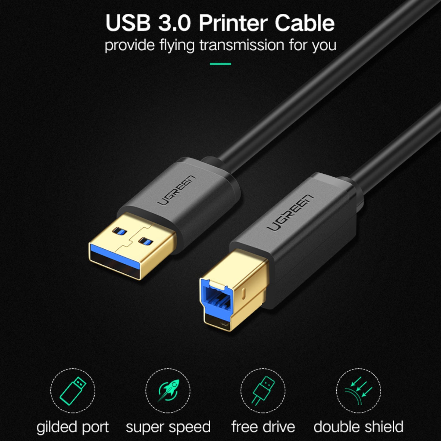 UGREEN US210 USB-A Printer Cable 2M - Black - Stellar Technologies