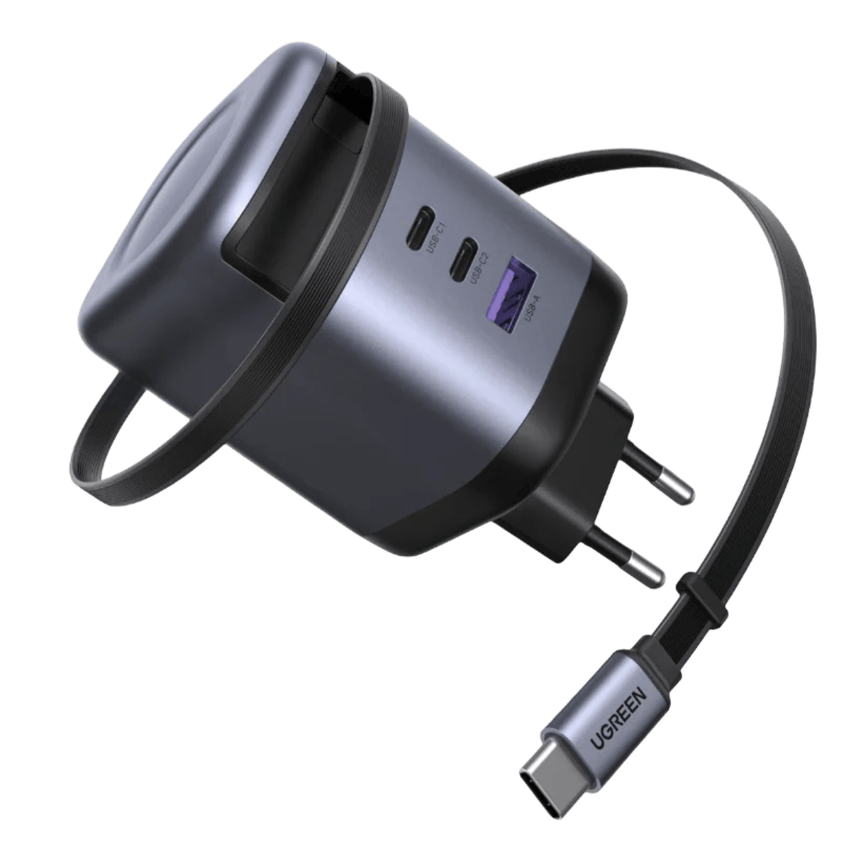 UGREEN Nexode 100W 4-Port GaN Charger with Retractable USB-C Cable - Space Grey