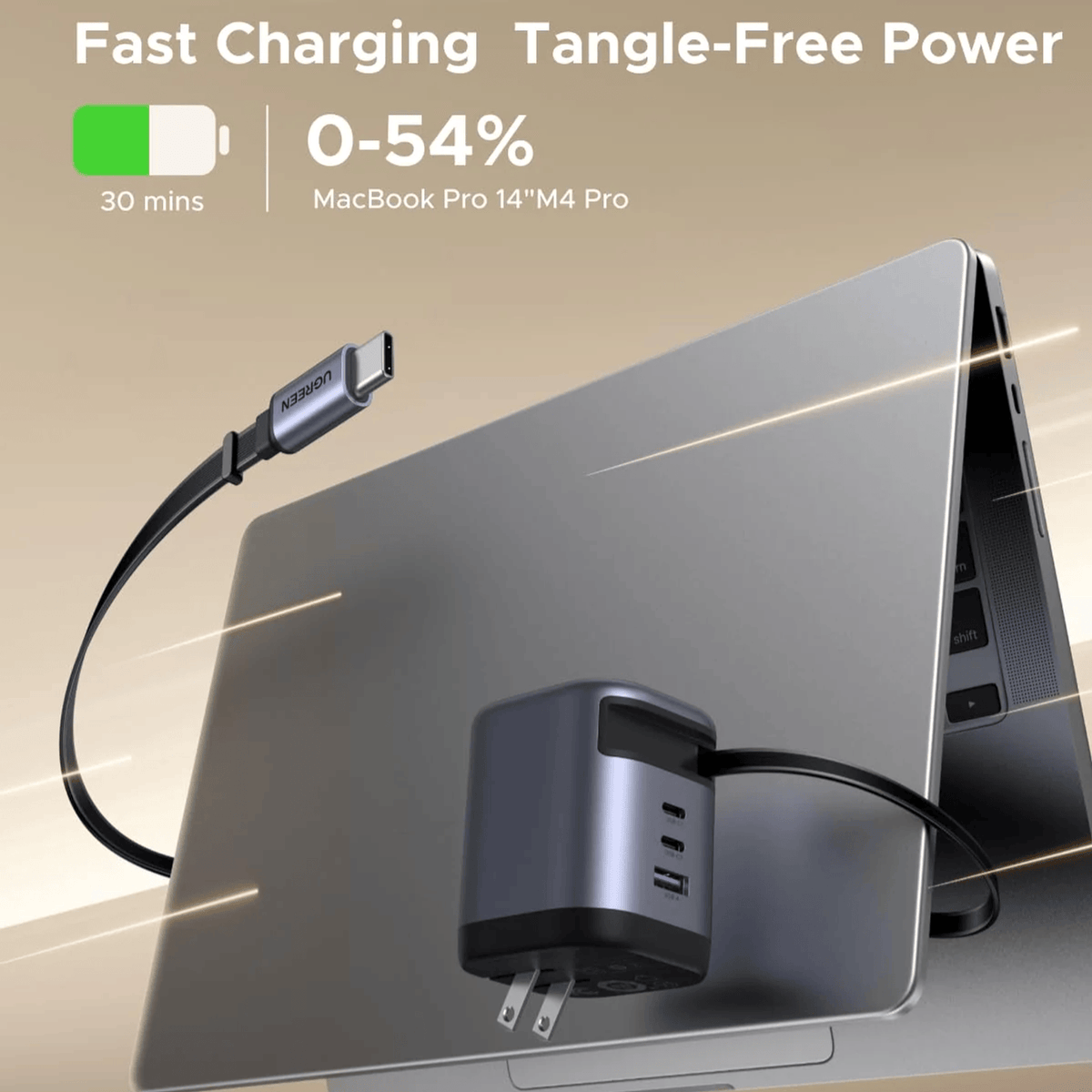 UGREEN Nexode 100W 4-Port GaN Charger with Retractable USB-C Cable - Space Grey