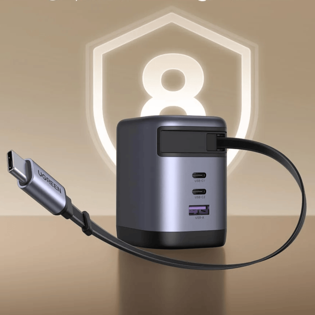 UGREEN Nexode 100W 4-Port GaN Charger with Retractable USB-C Cable - Space Grey